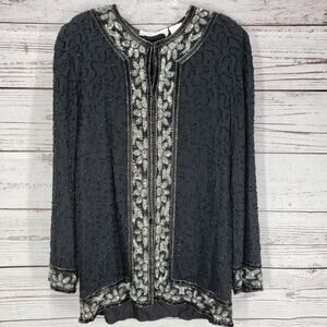 Night Vogue 100%Silk Black Beaded Silver Sequins Long Evening Top Size M